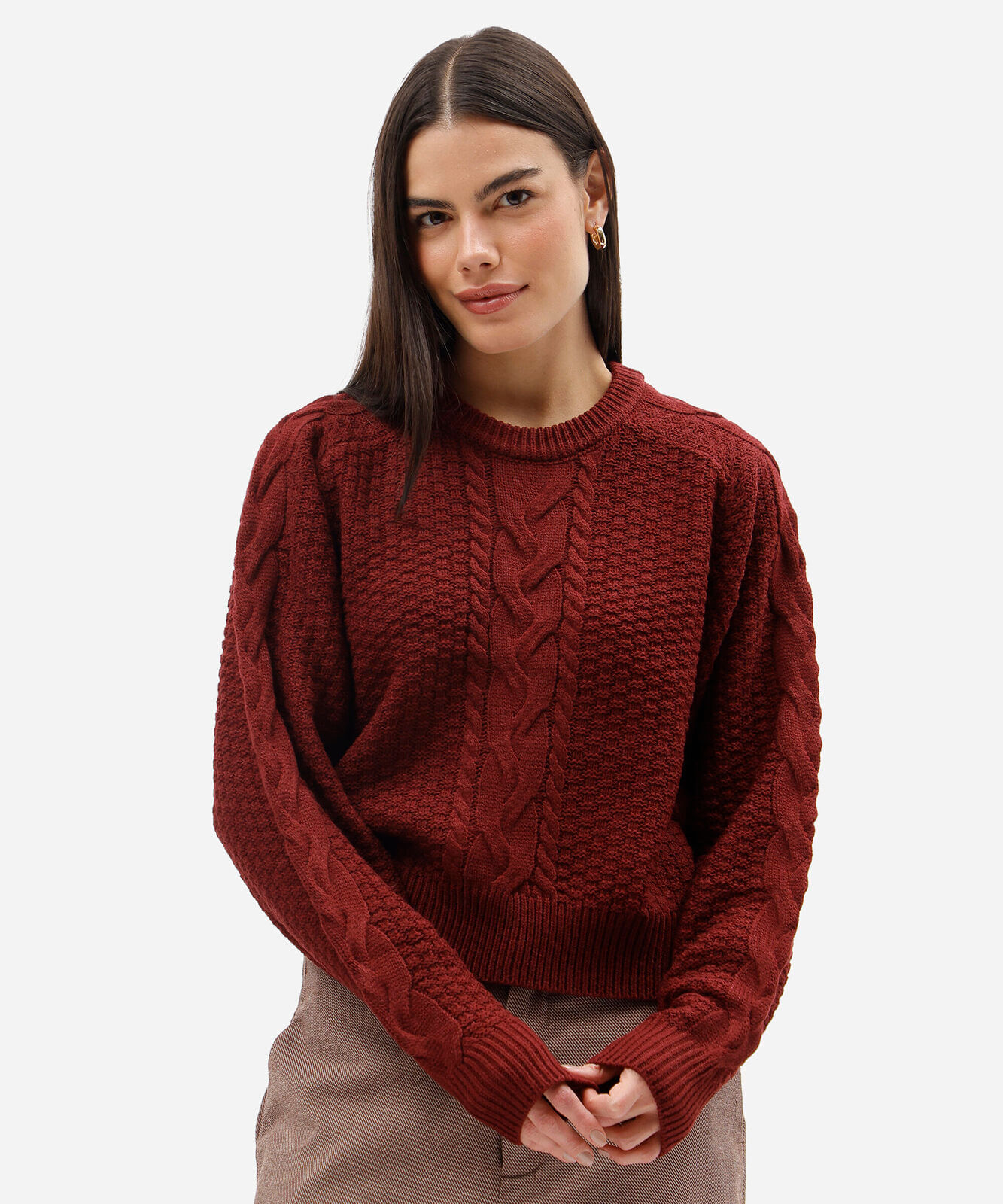 suéter cropped feminino de tricot texturizado vinho