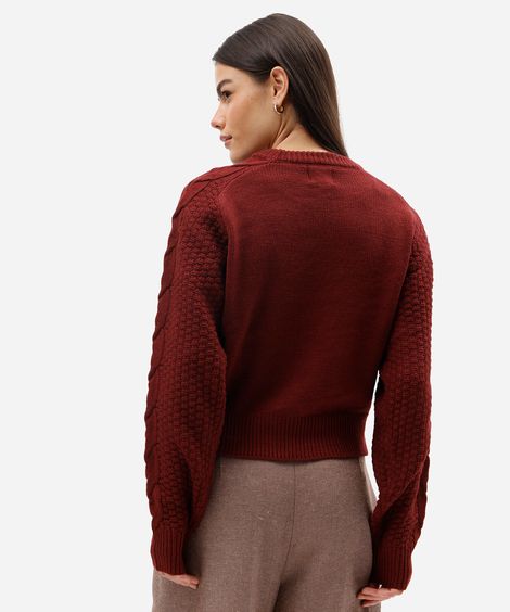 suéter cropped feminino de tricot texturizado vinho