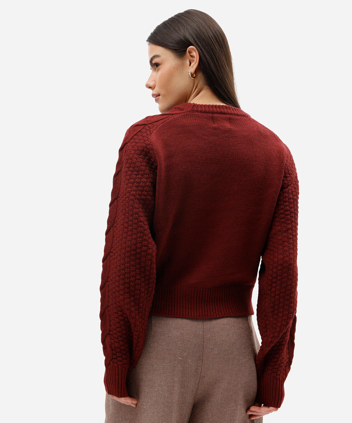 suéter cropped feminino de tricot texturizado vinho