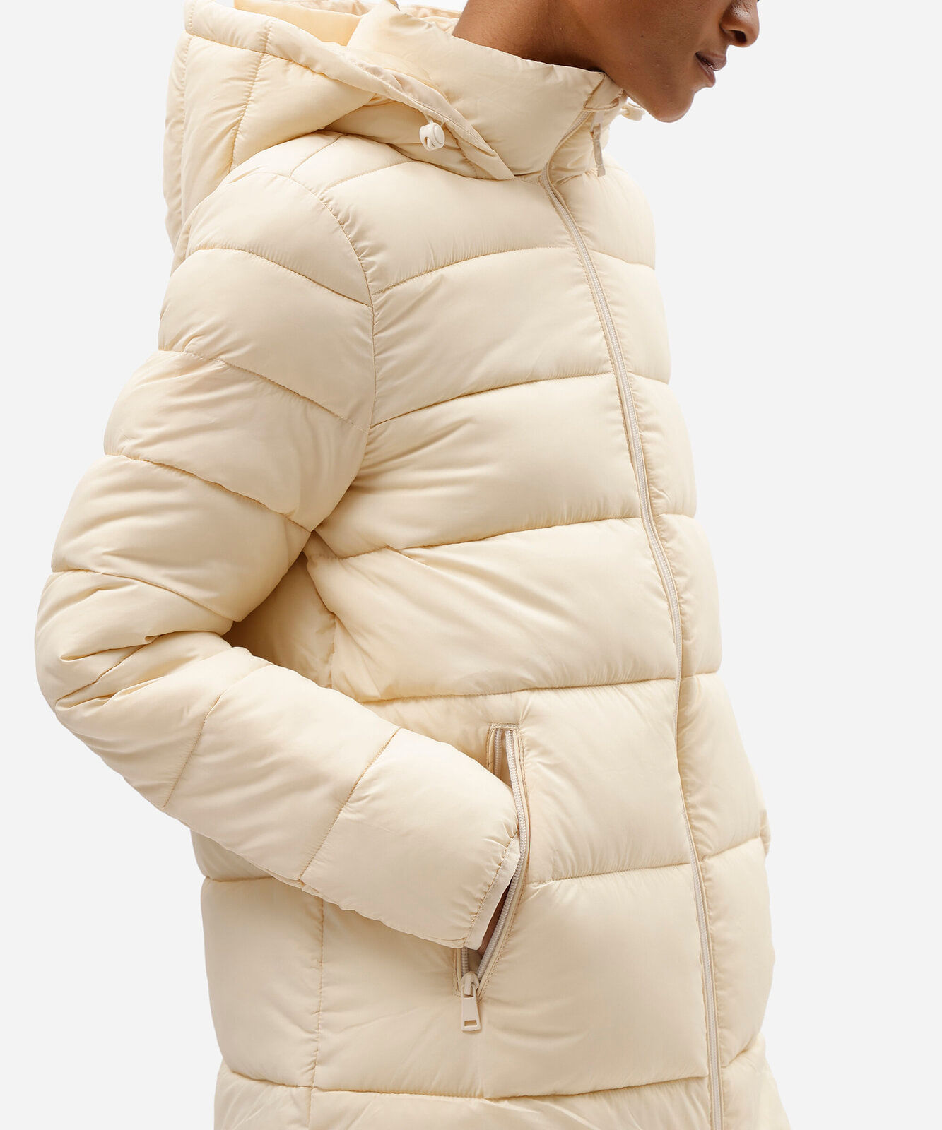 jaqueta puffer feminina com capuz e bolsos bege