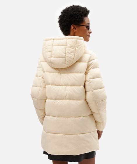 jaqueta puffer feminina com capuz e bolsos bege