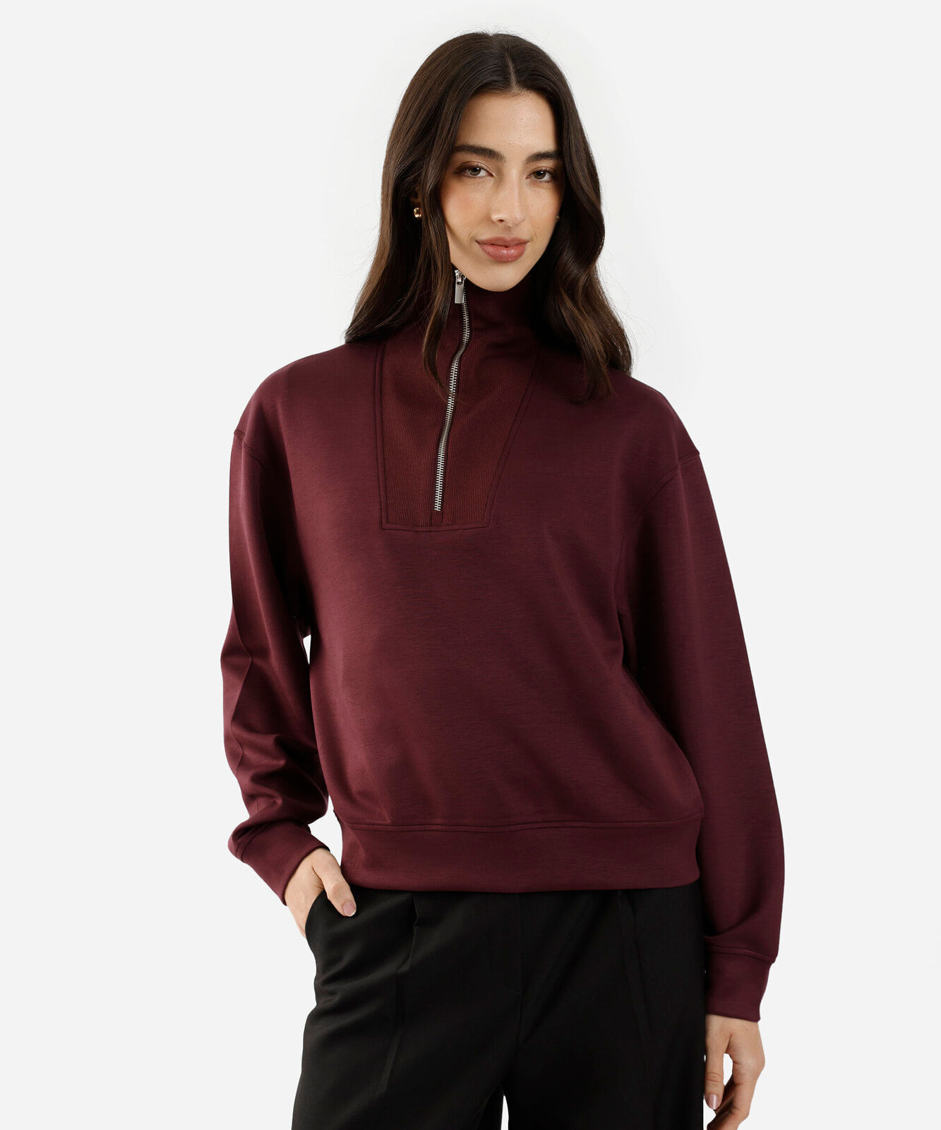 blusão feminino de moletom gola alta com zíper vinho