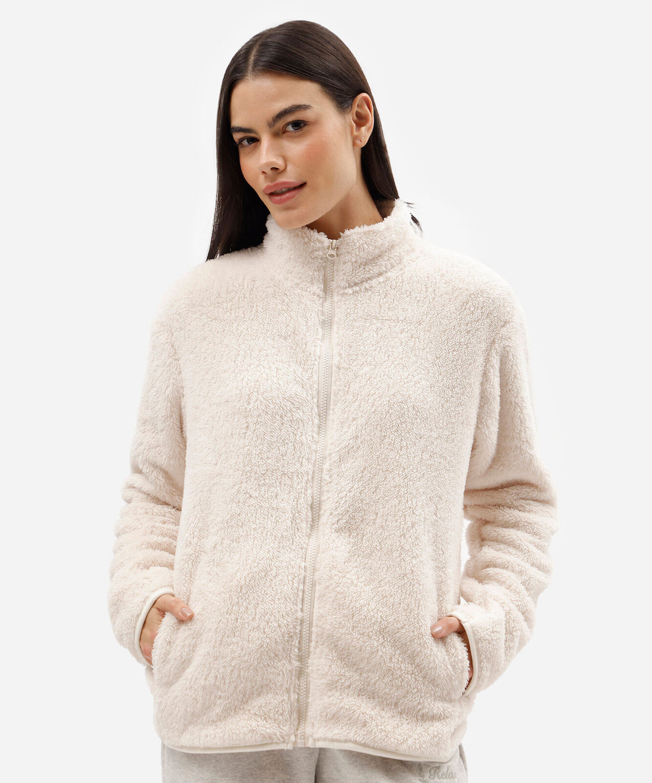 jaqueta de pijama feminina em fleece gola alta bege