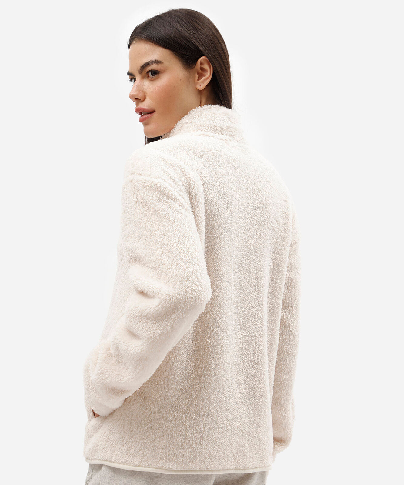 jaqueta de pijama feminina em fleece gola alta bege