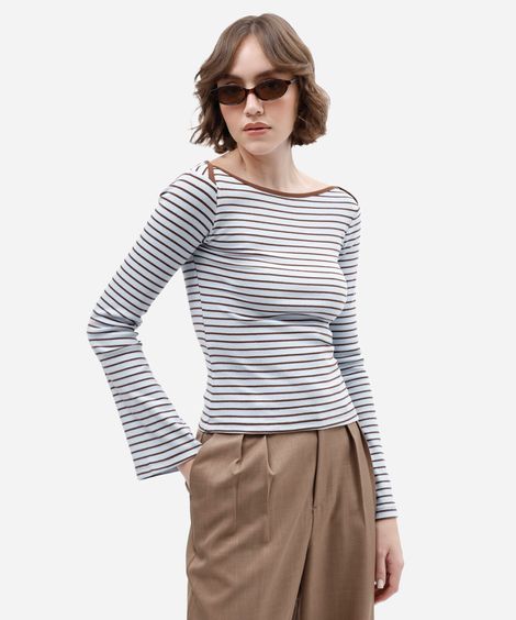blusa feminina com algodão manga longa listrada azul