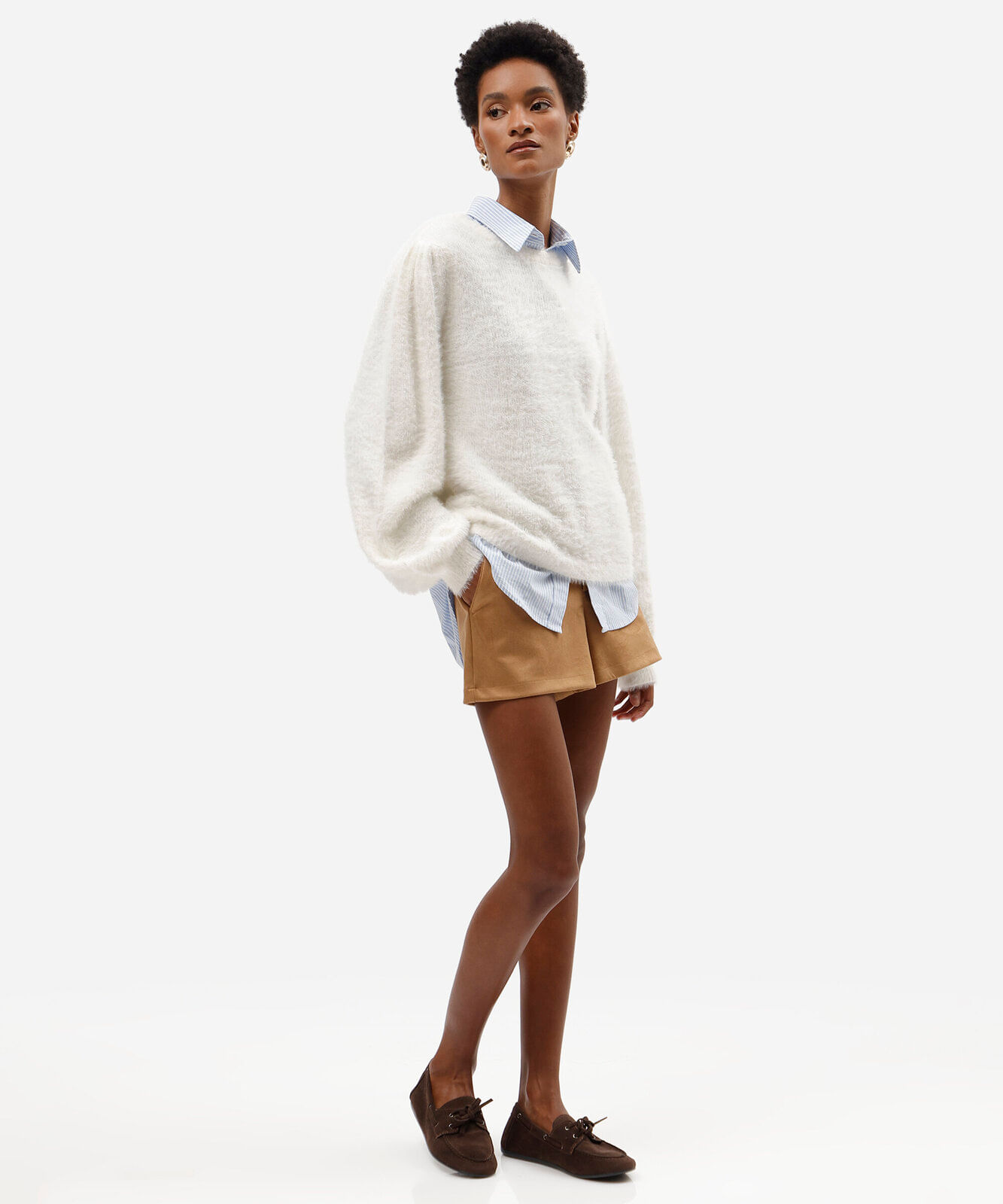 suéter feminino de tricot gola redonda texturizado off white