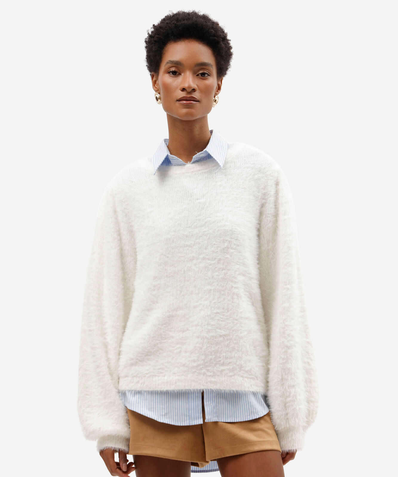 suéter feminino de tricot gola redonda texturizado off white
