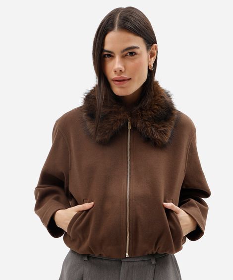 jaqueta bomber feminina gola de pelúcia texturizada marrom