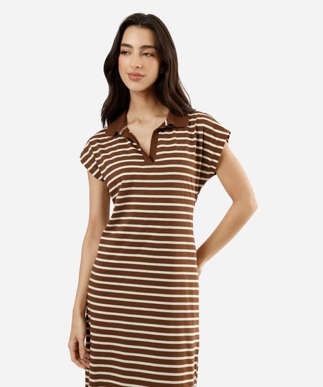 vestido midi feminino com algodão manga curta listrado marrom