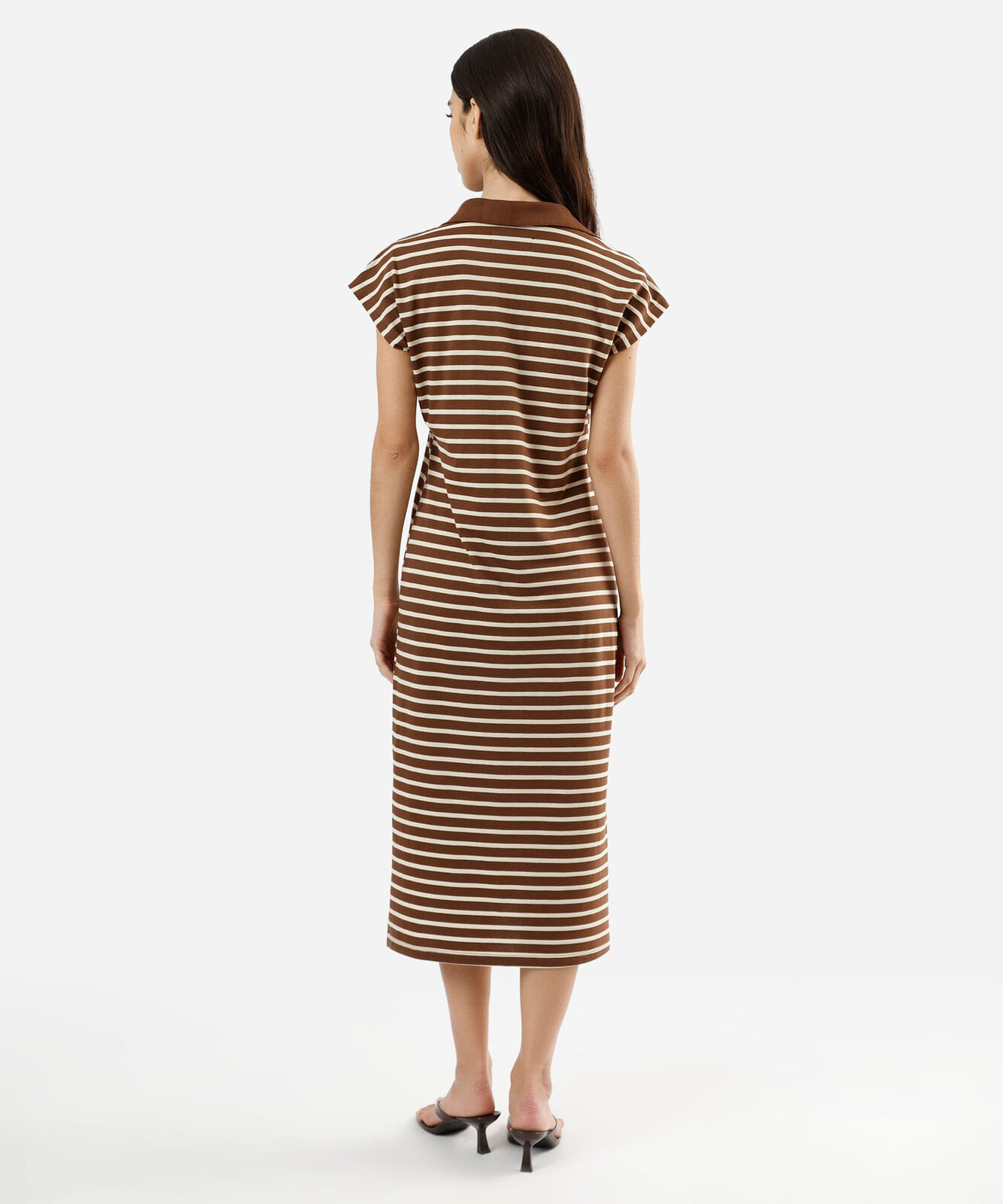 vestido midi feminino com algodão manga curta listrado marrom
