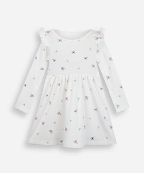 vestido infantil de algodão manga longa com babado floral off white