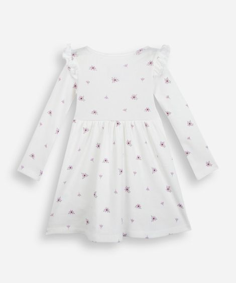 vestido infantil de algodão manga longa com babado floral off white