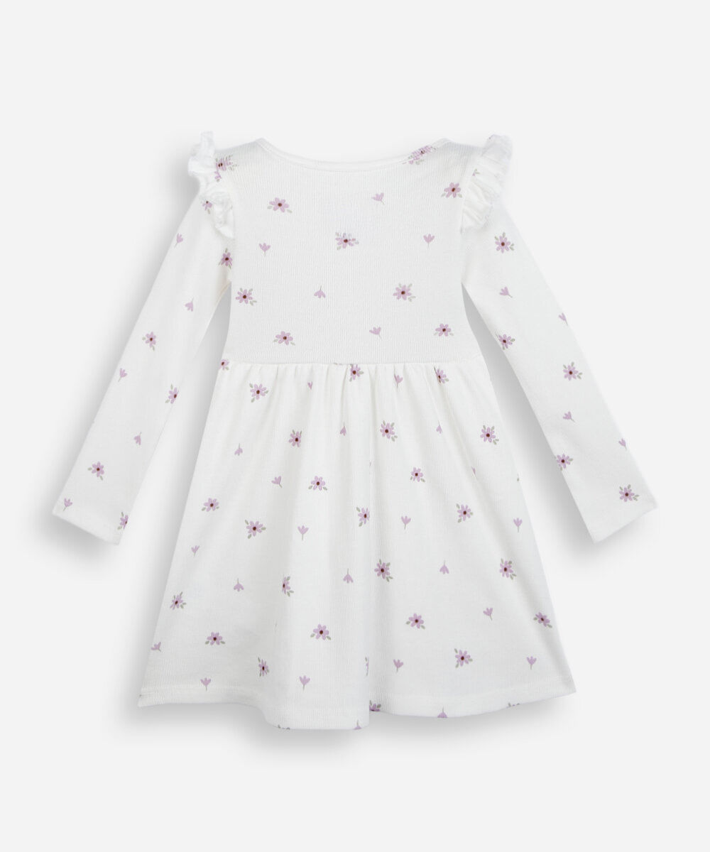 vestido infantil de algodão manga longa com babado floral off white