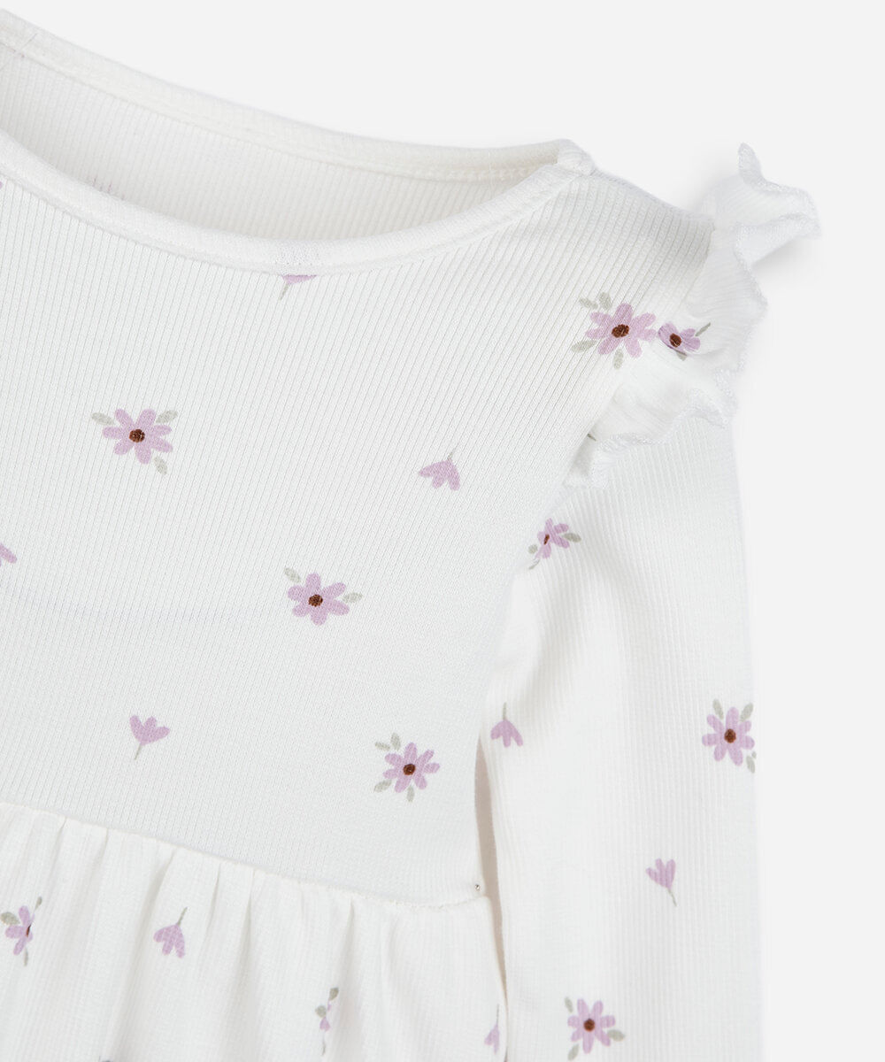 vestido infantil de algodão manga longa com babado floral off white