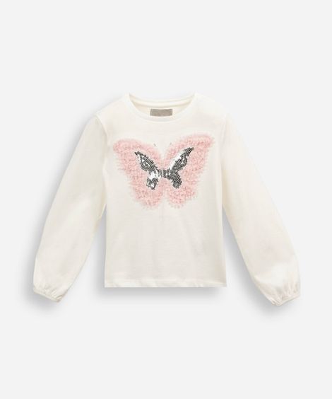 blusa infantil de algodão manga longa com bordado off white