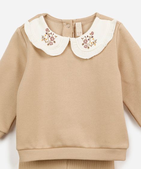 conjunto infantil de moletom com gola floral bege