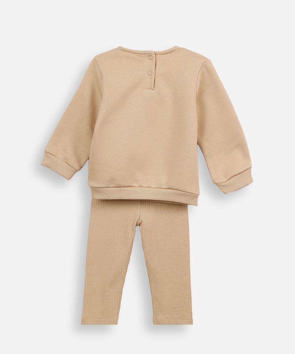 conjunto infantil de moletom com gola floral bege