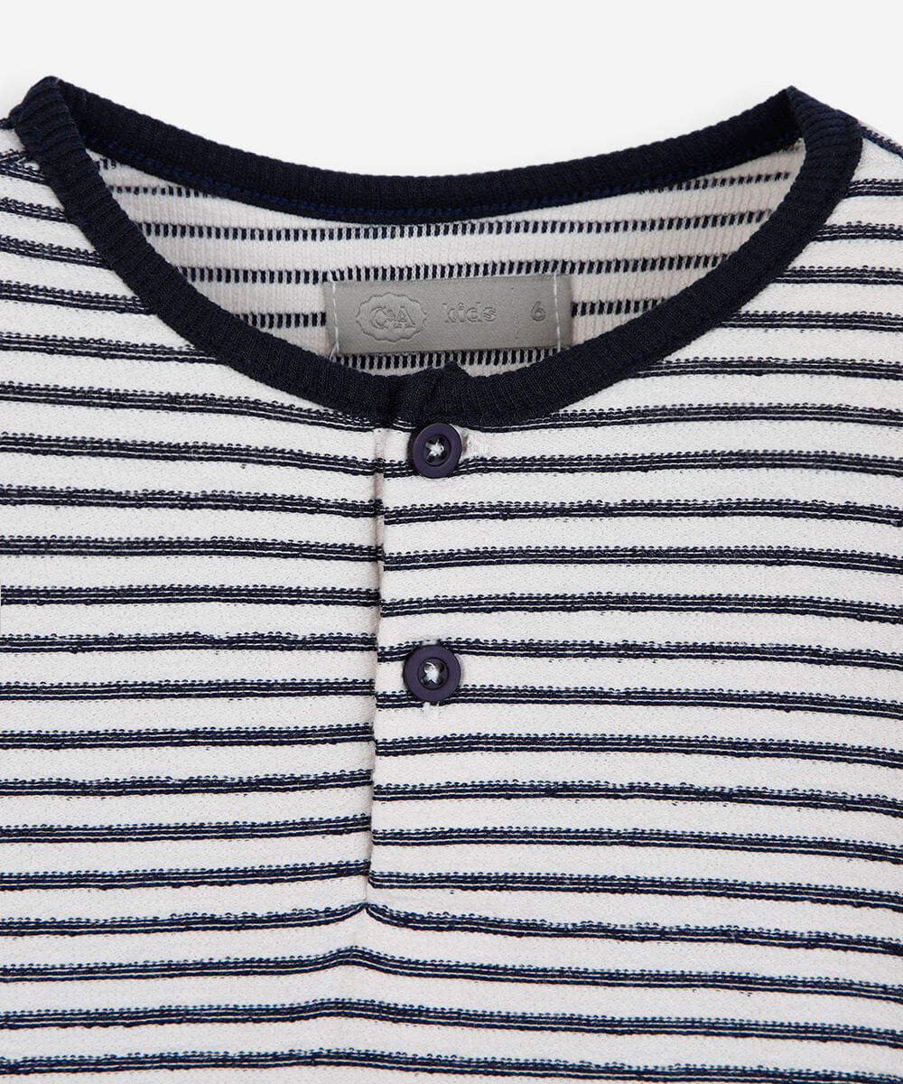 camiseta infantil com algodão gola padre manga curta listrada off white