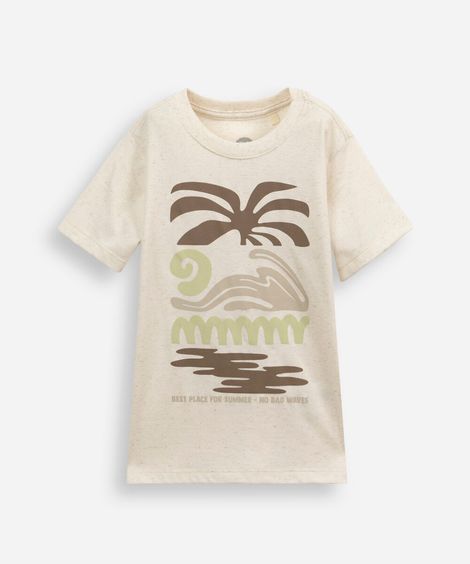 camiseta infantil com linho manga curta estampada off white