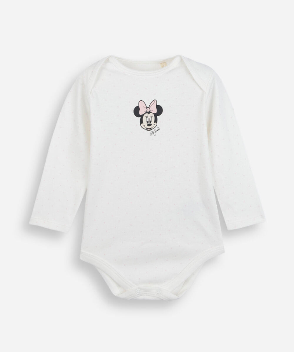 body infantil de algodão manga longa minnie poá off white
