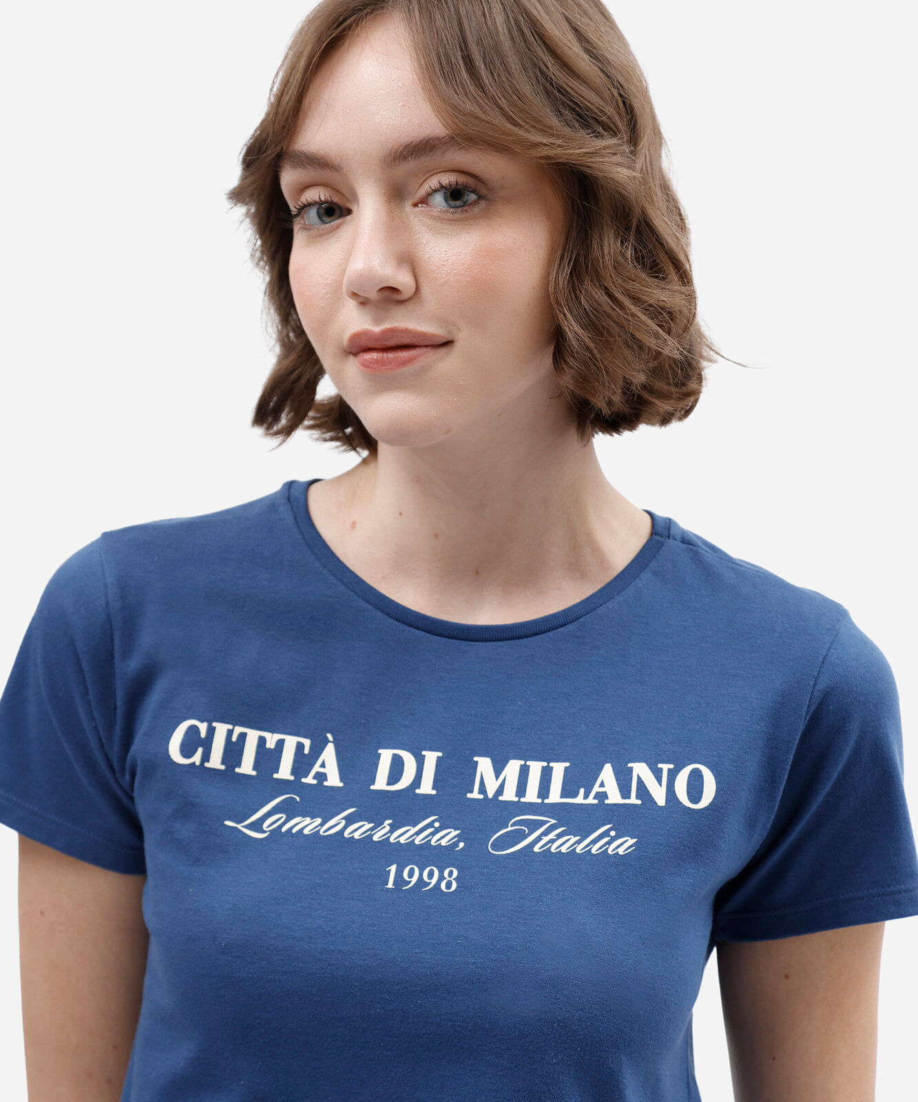 camiseta feminina de algodão manga curta estampada azul