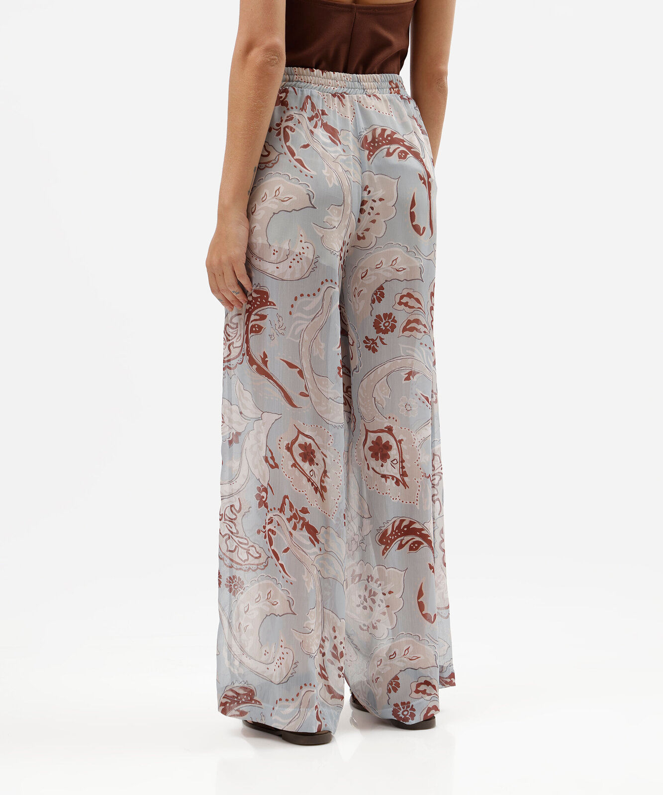 calça pantalona feminina cós elástico paisley azul