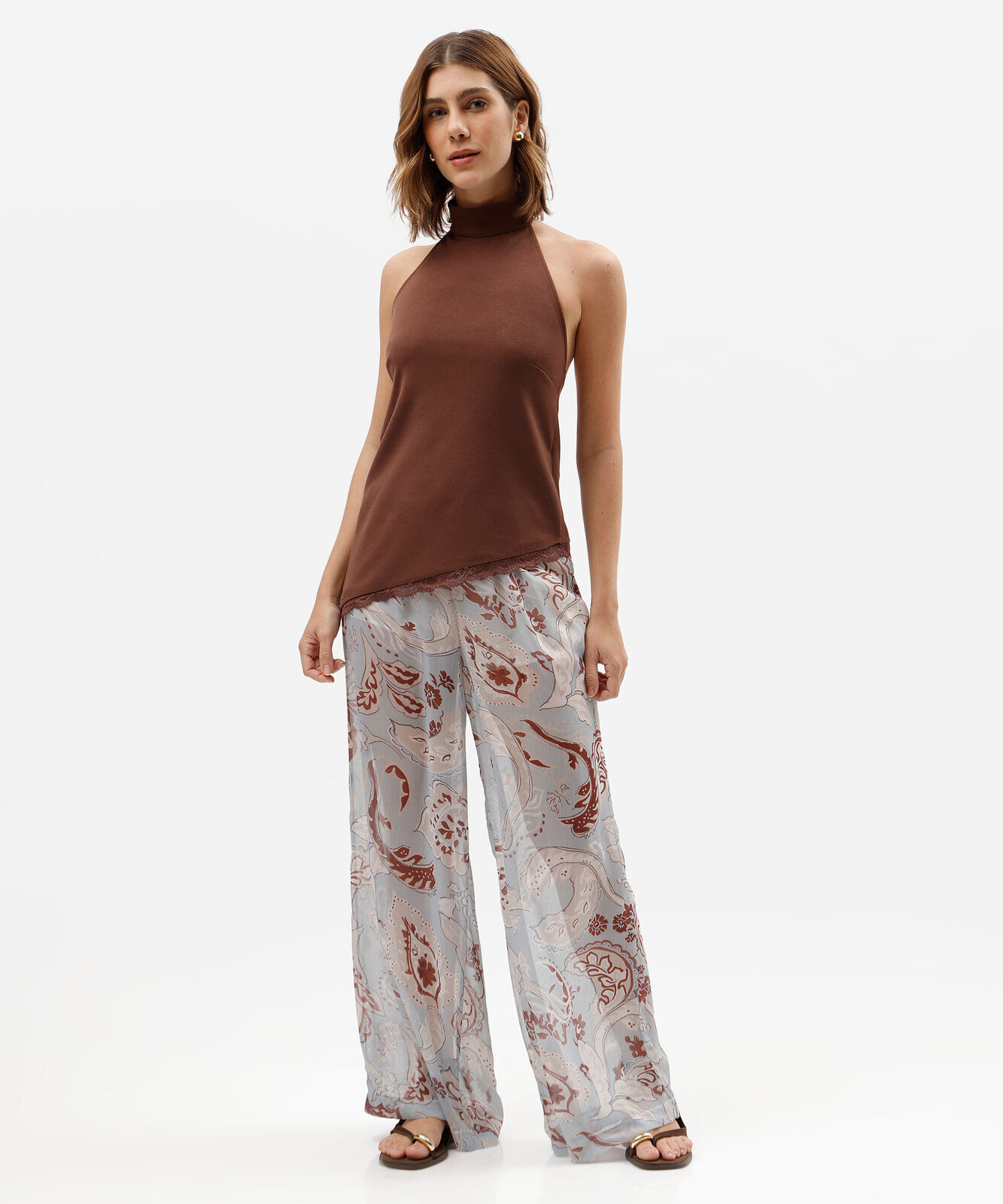 calça pantalona feminina cós elástico paisley azul