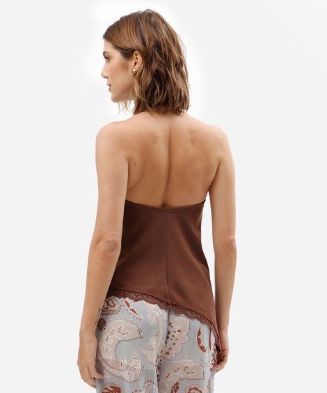 blusa assimétrica feminina halterneck com renda marrom