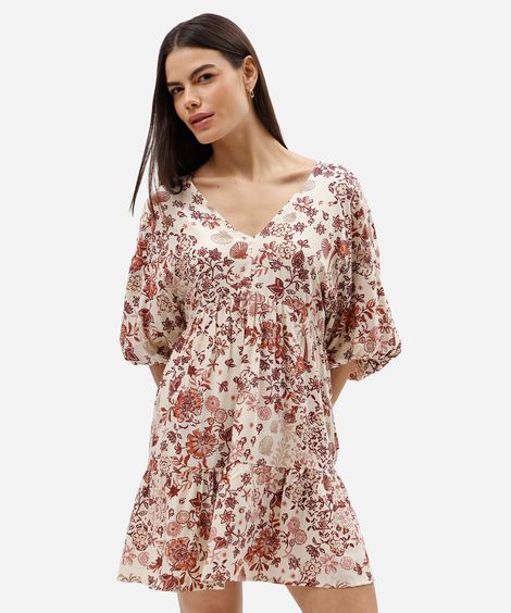 vestido curto feminino de viscose com recortes floral bege