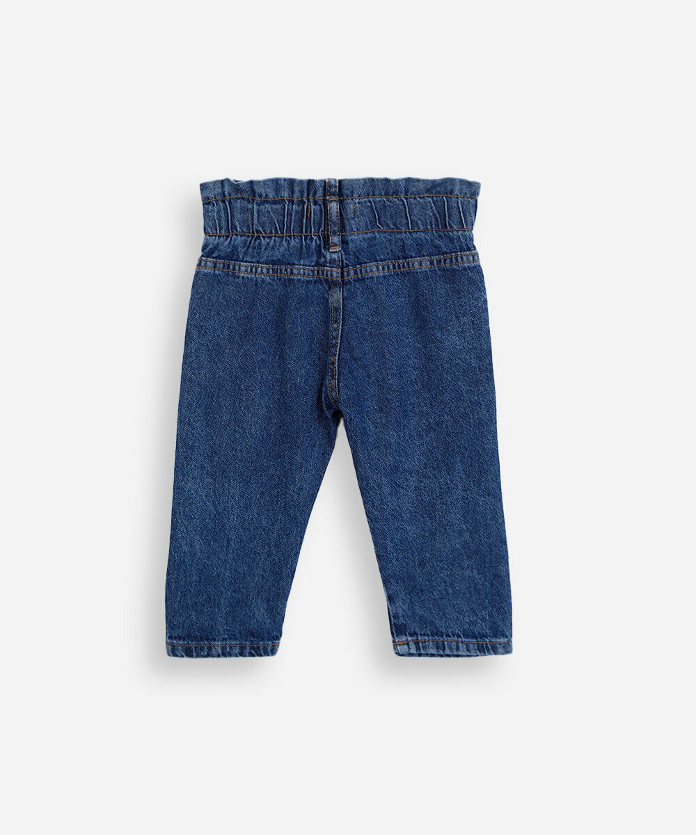calça clochard infantil jeans com bordados laços e ursos azul