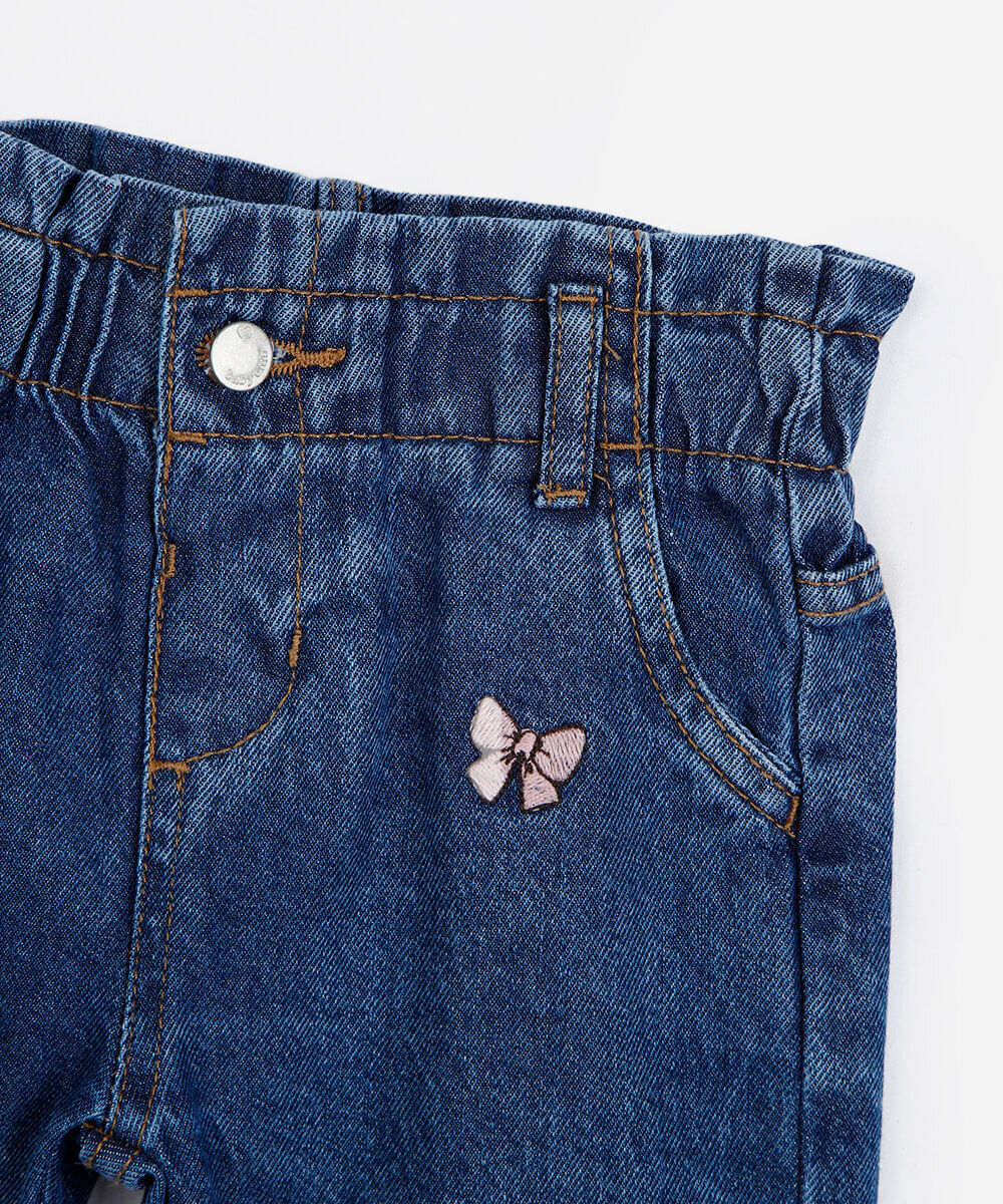 calça clochard infantil jeans com bordados laços e ursos azul