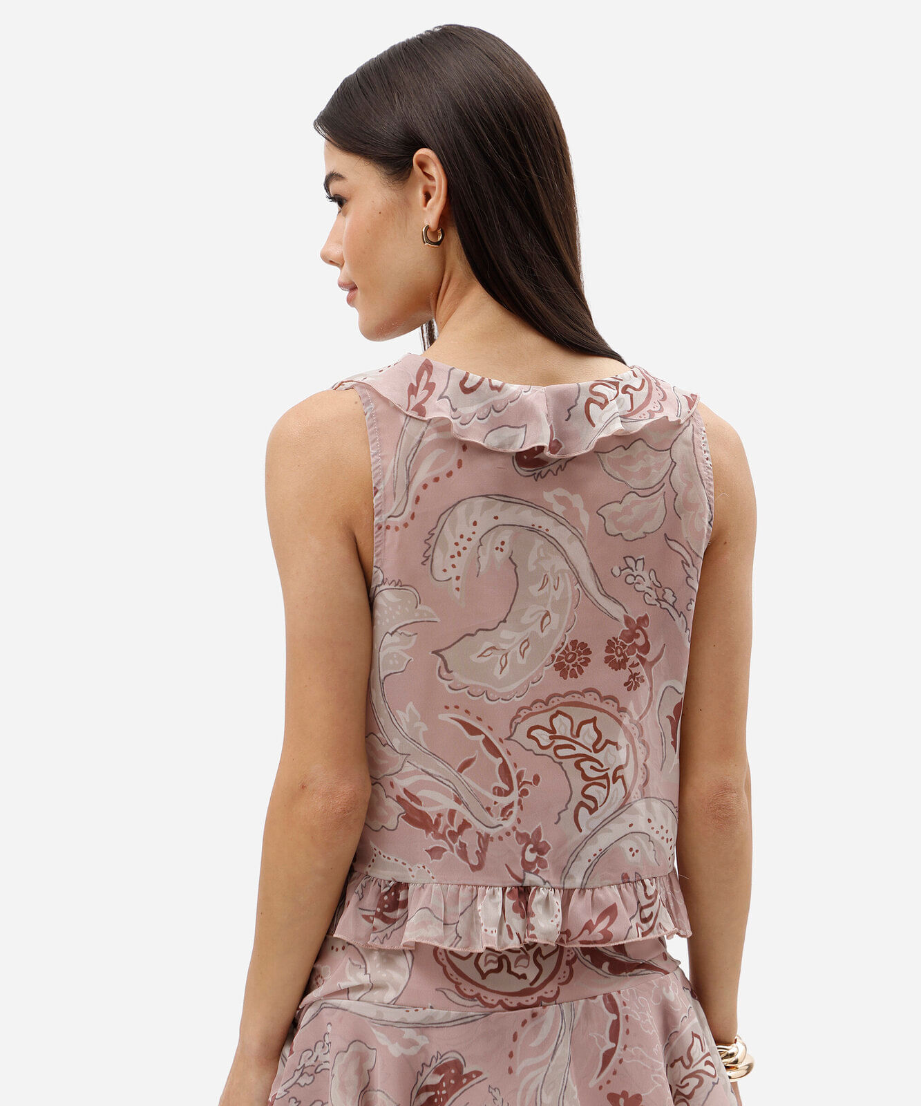 regata feminina decote v com babados floral rosa