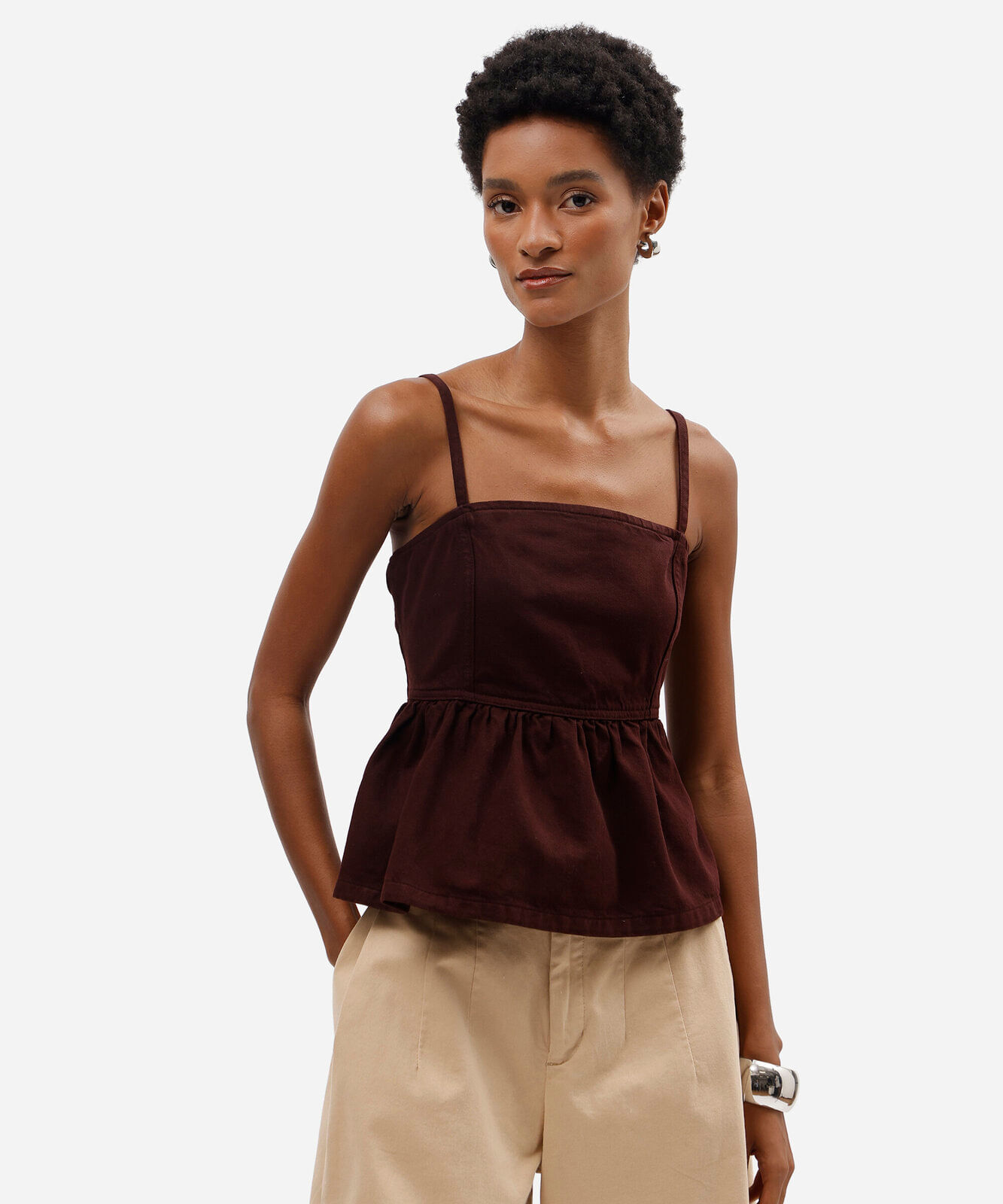 blusa peplum alça fina feminina de sarja decote quadrado vinho
