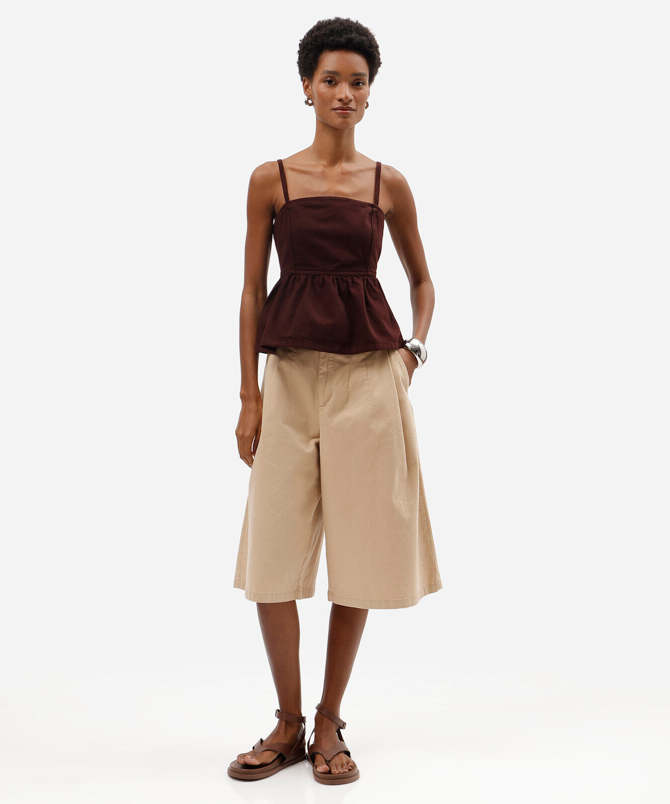 blusa peplum alça fina feminina de sarja decote quadrado vinho