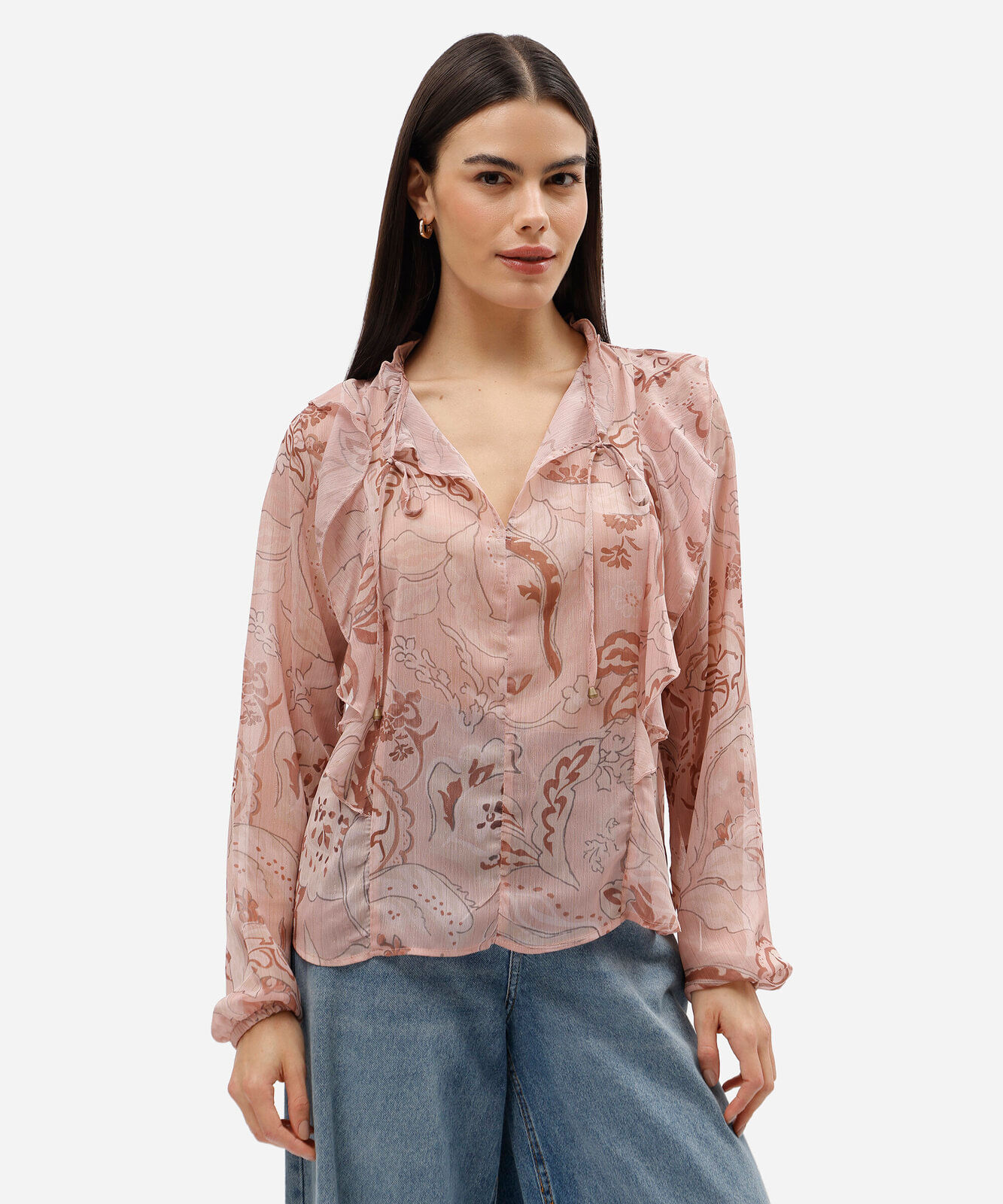 bata feminina manga longa com babados floral rosa