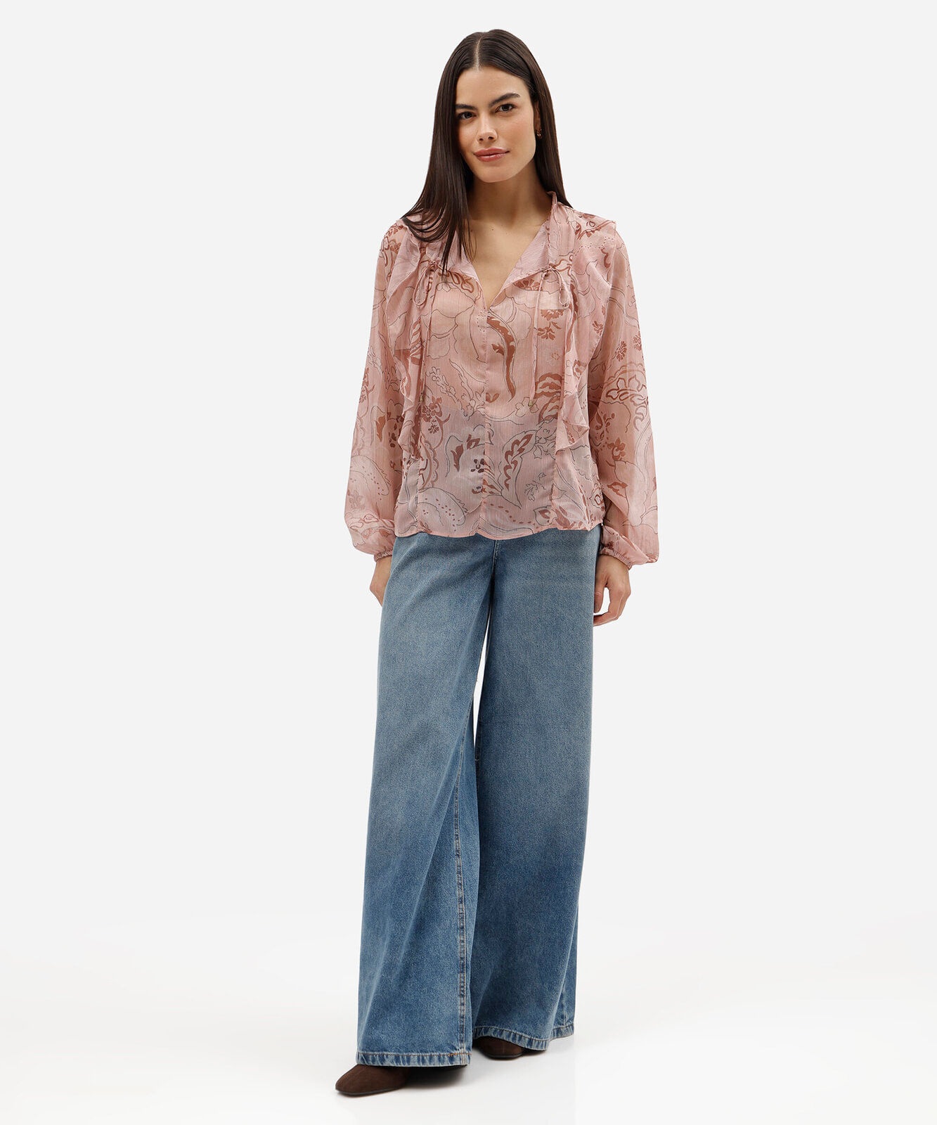 bata feminina manga longa com babados floral rosa