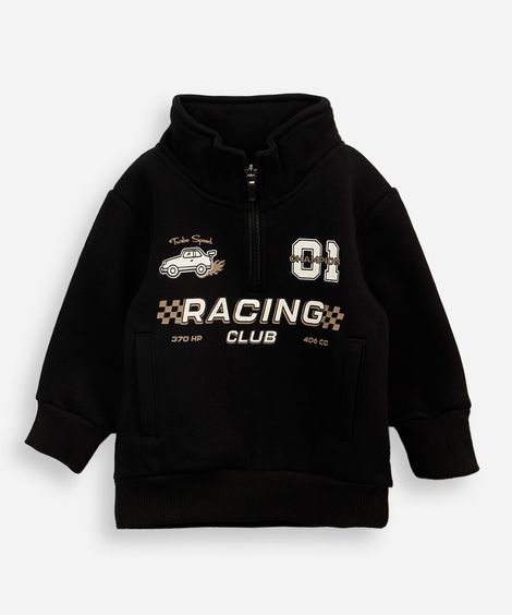 blusão infantil de moletom gola alta com zíper estampado preto