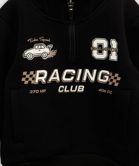 blusão infantil de moletom gola alta com zíper estampado preto