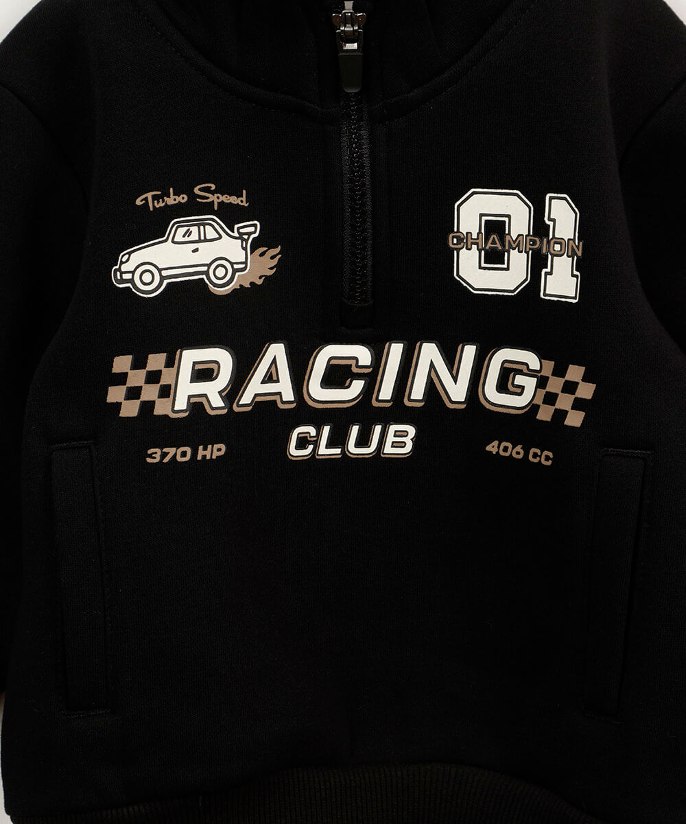blusão infantil de moletom gola alta com zíper estampado preto