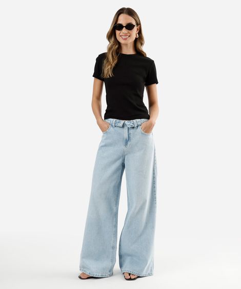 calça wide leg slim feminina jeans cós dobrado cintura baixa azul