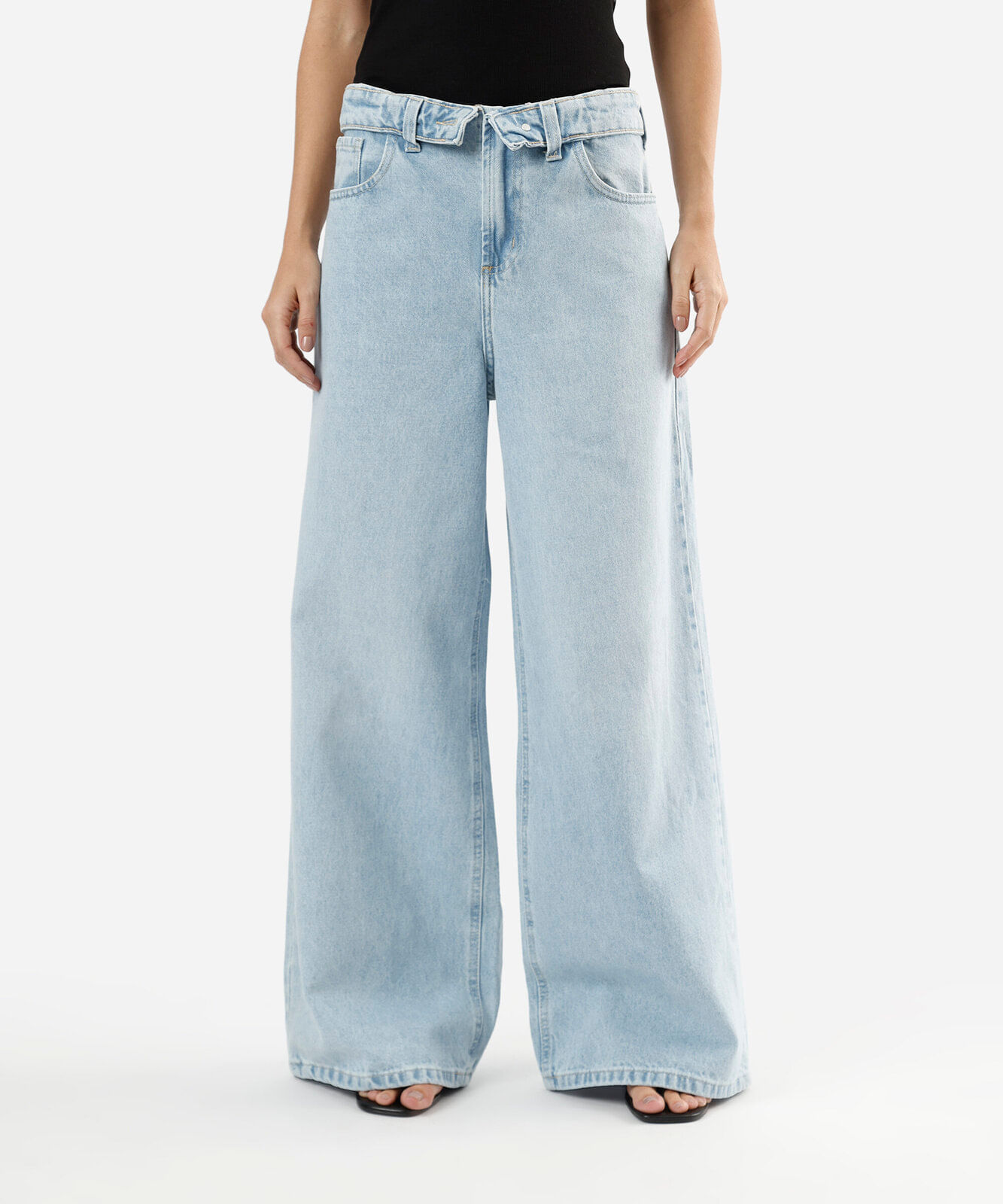 calça wide leg slim feminina jeans cós dobrado cintura baixa azul