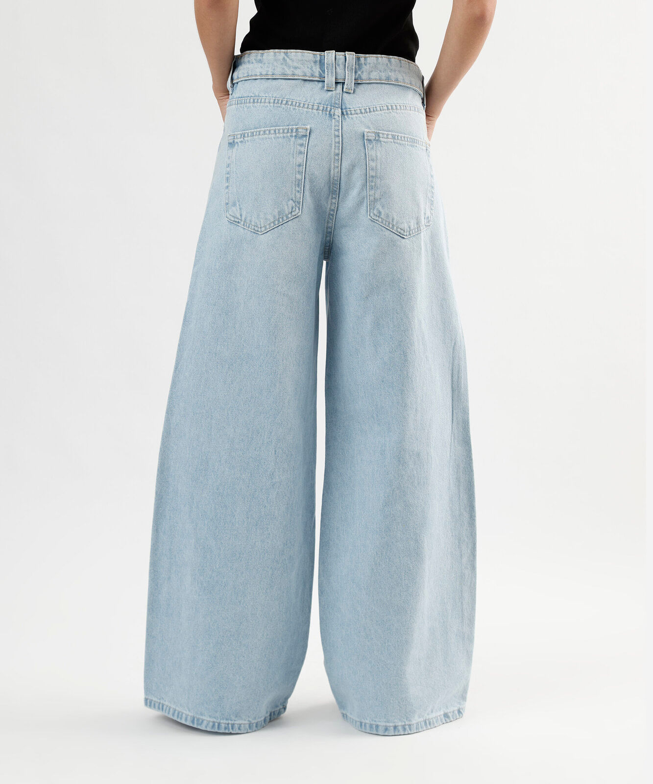 calça wide leg slim feminina jeans cós dobrado cintura baixa azul