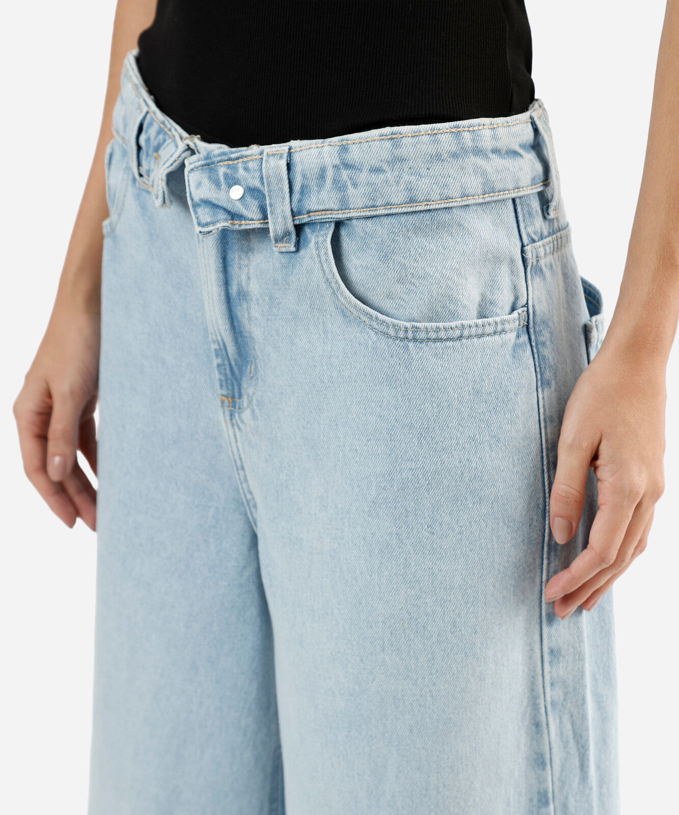 calça wide leg slim feminina jeans cós dobrado cintura baixa azul