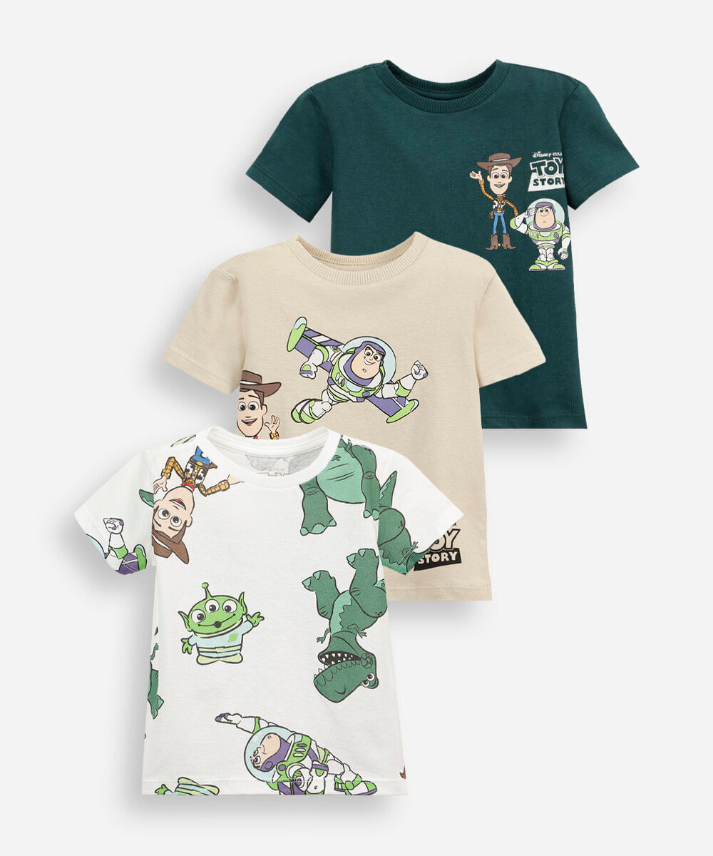 kit de 3 camisetas infantil de algodão manga curta toy story colorido