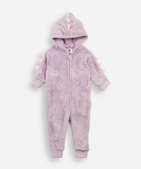 pijama macacão infantil de fleece com capuz dino lilás