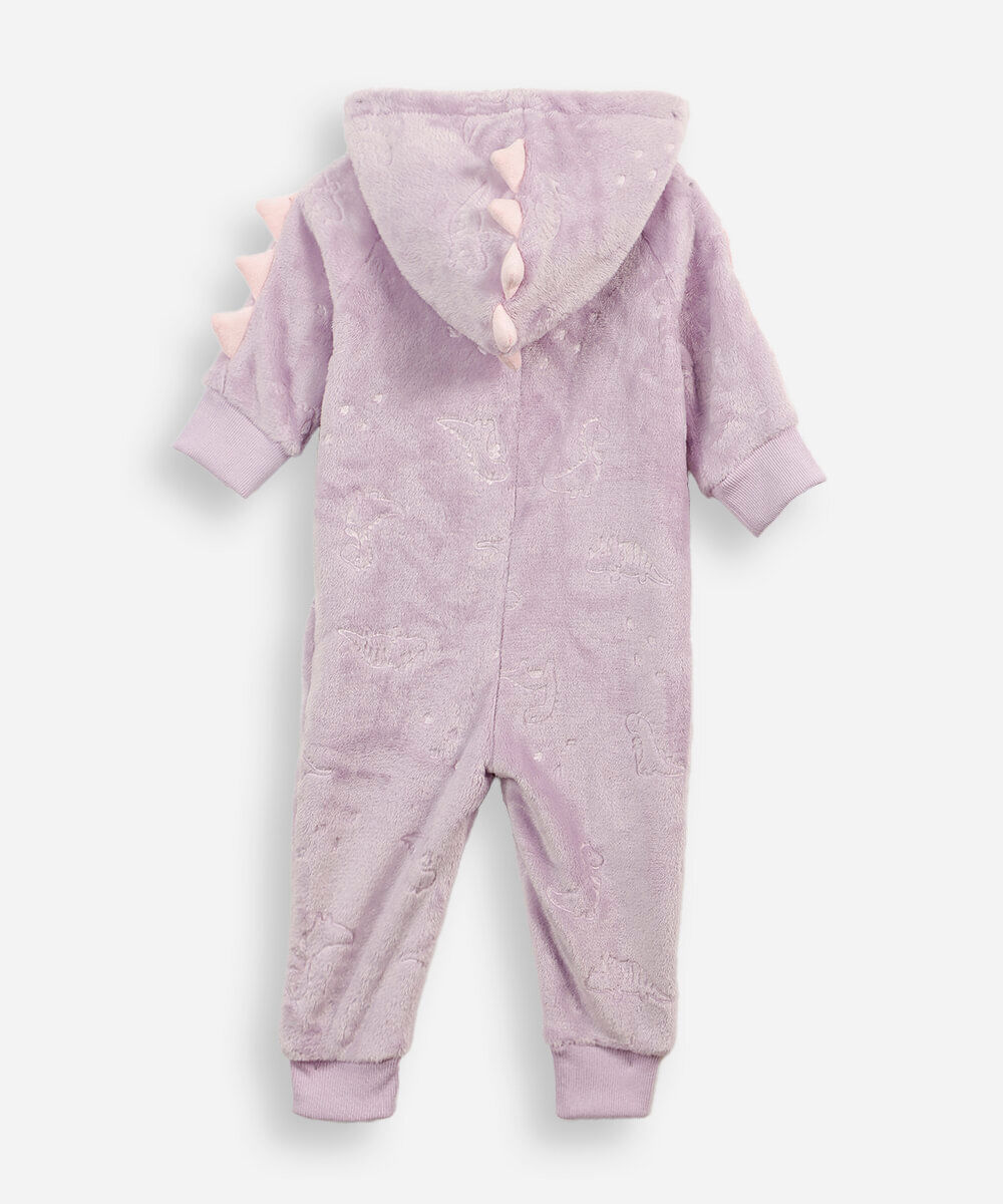 pijama macacão infantil de fleece com capuz dino lilás