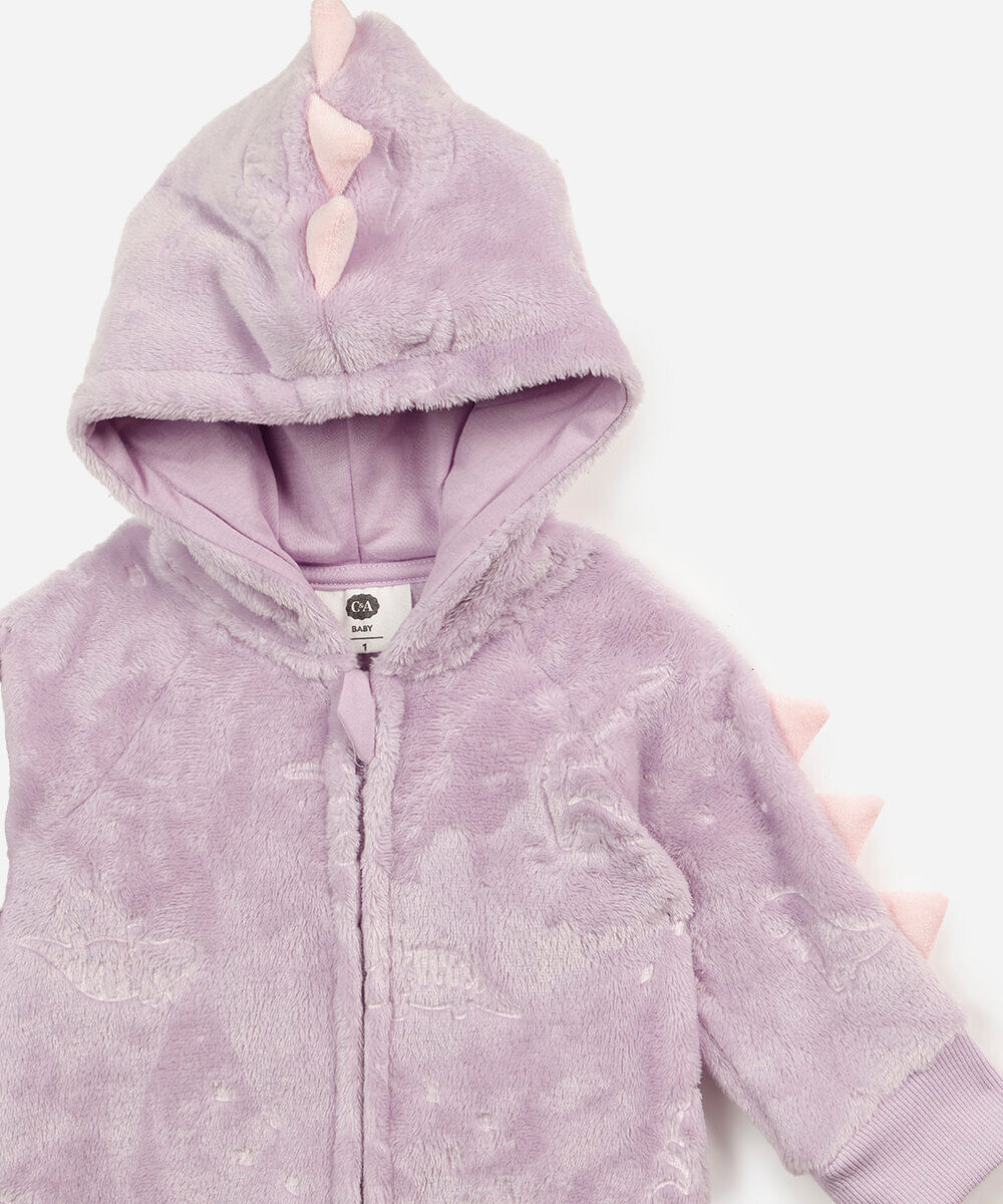 pijama macacão infantil de fleece com capuz dino lilás