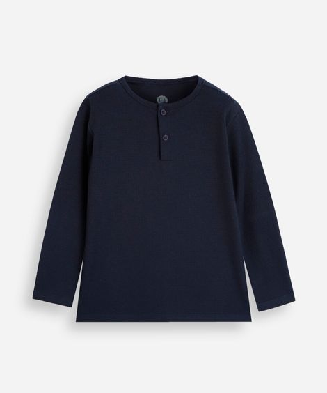 camiseta infantil com algodão gola henley manga longa azul