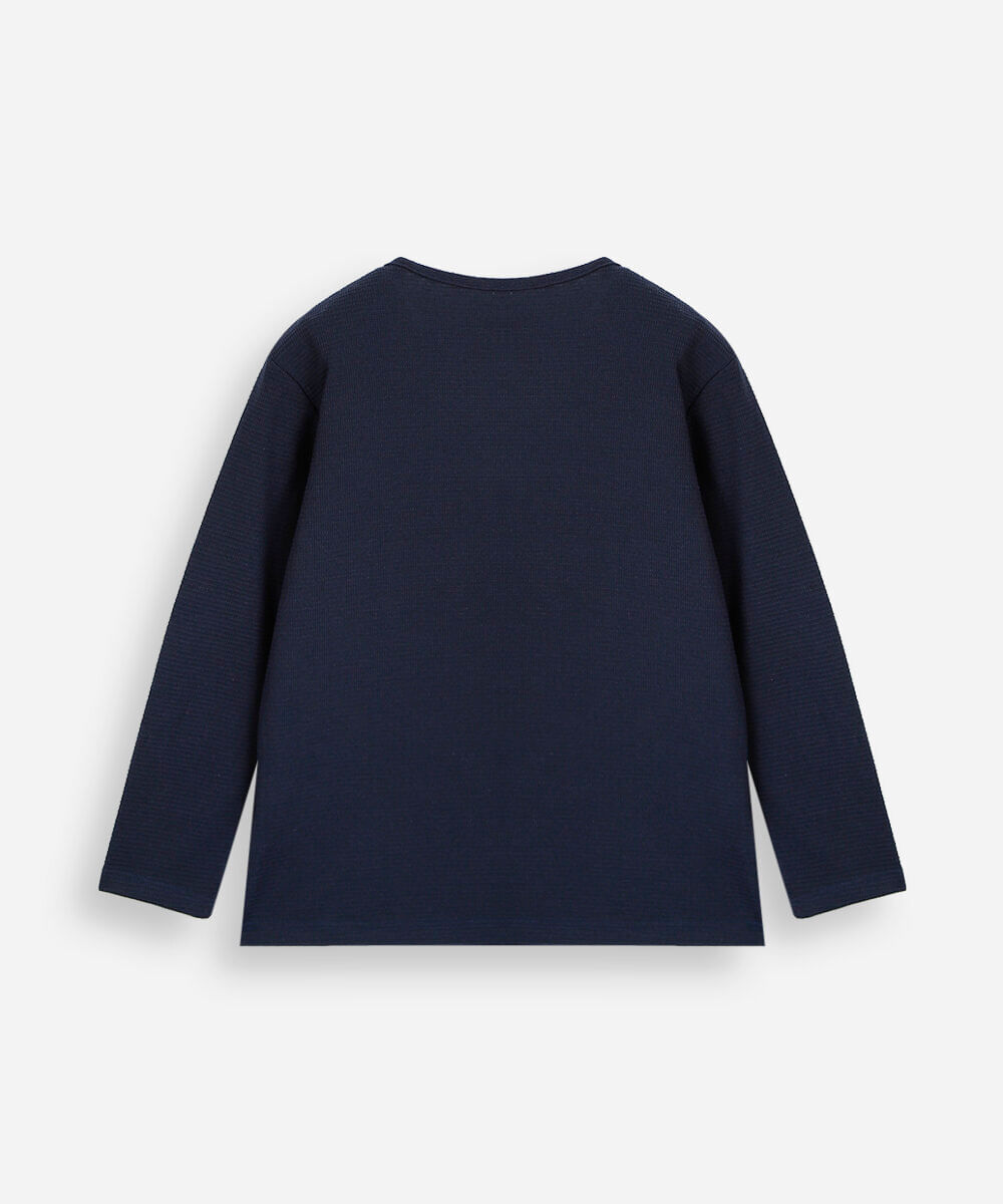 camiseta infantil com algodão gola henley manga longa azul