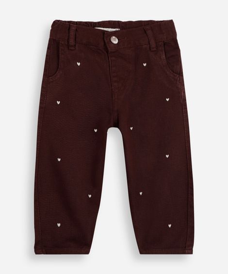 calça balloon infantil de sarja bordado corações marrom